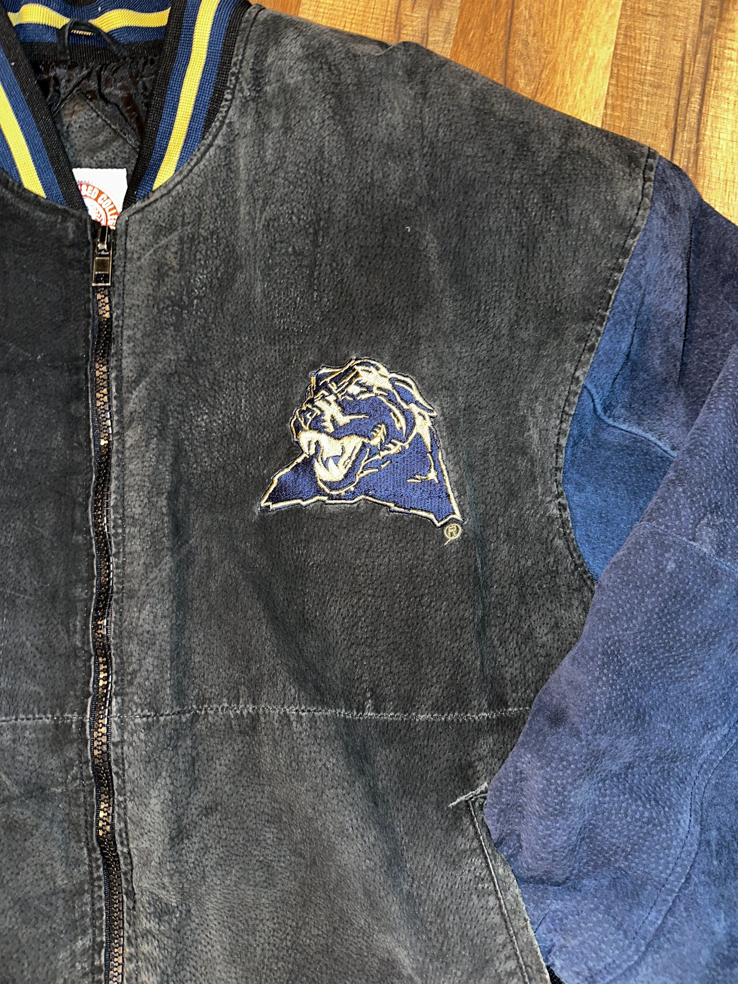 Vintage University of Pittsburgh Panthers Suede Bomber Jacket Medium Black/Navy/Gold
