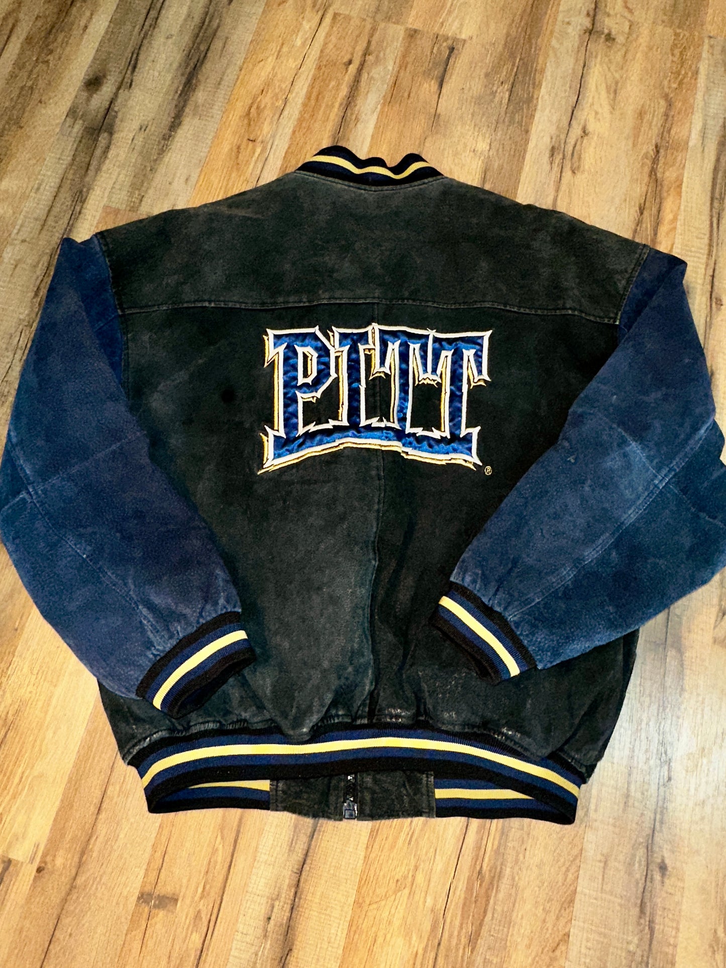 Vintage University of Pittsburgh Panthers Suede Bomber Jacket Medium Black/Navy/Gold