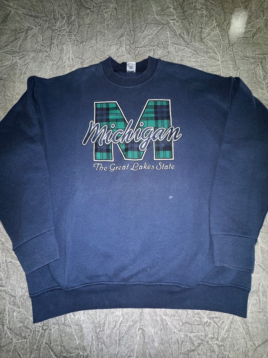 Vintage Michigan "The Great Lakes State" Plaid Crewneck Size XL Navy Blue