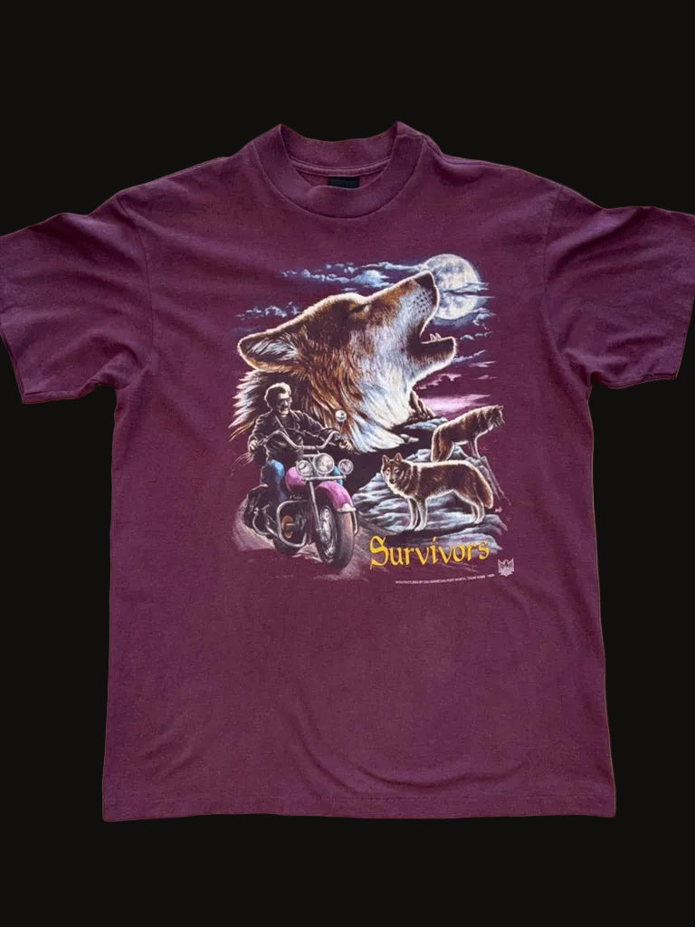 1992 3D Emblem Nature Biker Survivors Harley Tee Large Purple