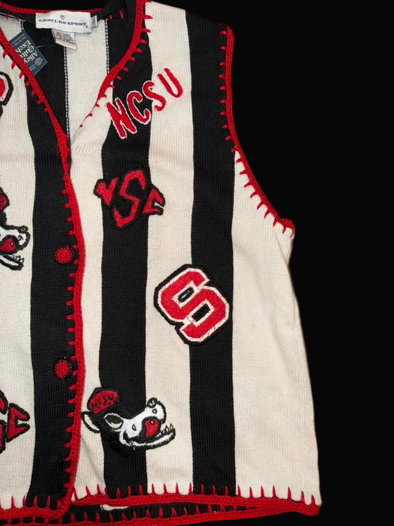 North Carolina State University Wolfpack Knit Vest Large Black White Stripe Castles Sport