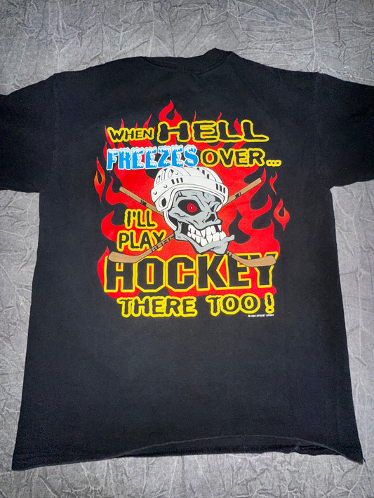 Vintage "When Hell Freezes Over" Hockey Skull Flames Size Large Street Sport