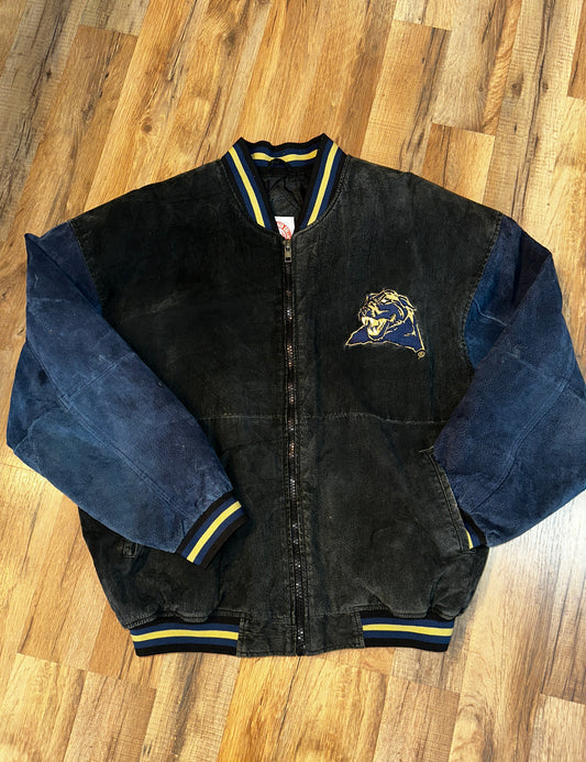 Vintage University of Pittsburgh Panthers Suede Bomber Jacket Medium Black/Navy/Gold