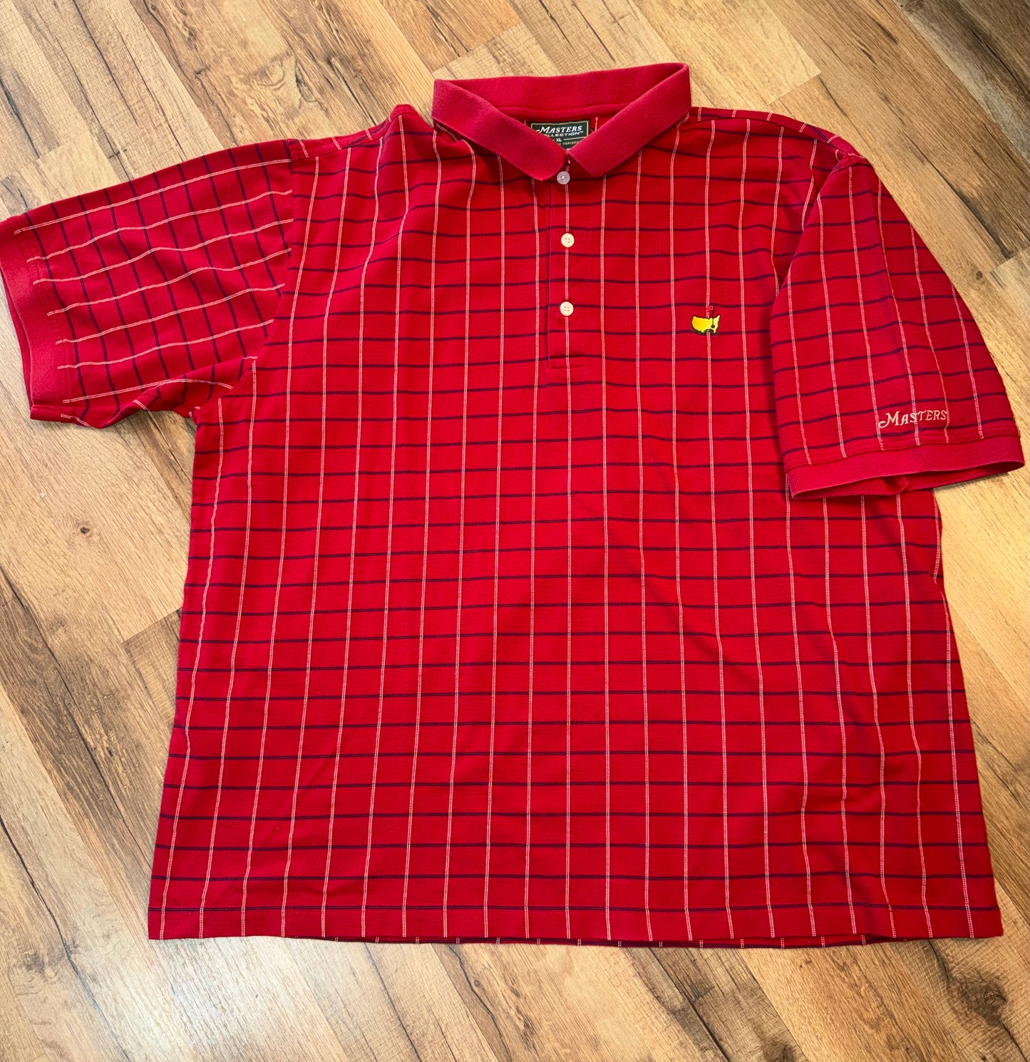 Vintage Masters Collection Golf Tournament Red Polo with Plaid Navy & Gold Stripes