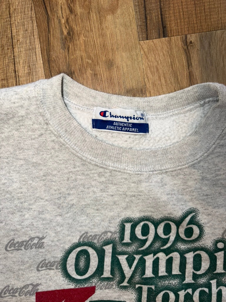 1996 Atlanta Olympics Torch Relay Coca-Cola Promo Champion Crewneck Sweater Large Grey