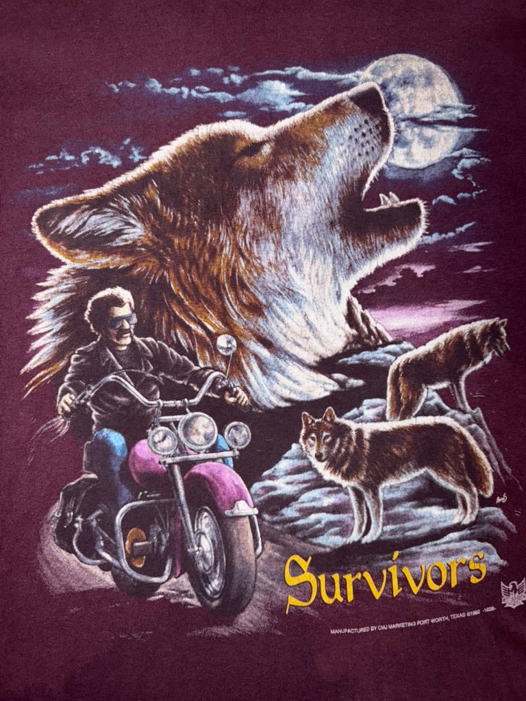 1992 3D Emblem Nature Biker Survivors Harley Tee Large Purple