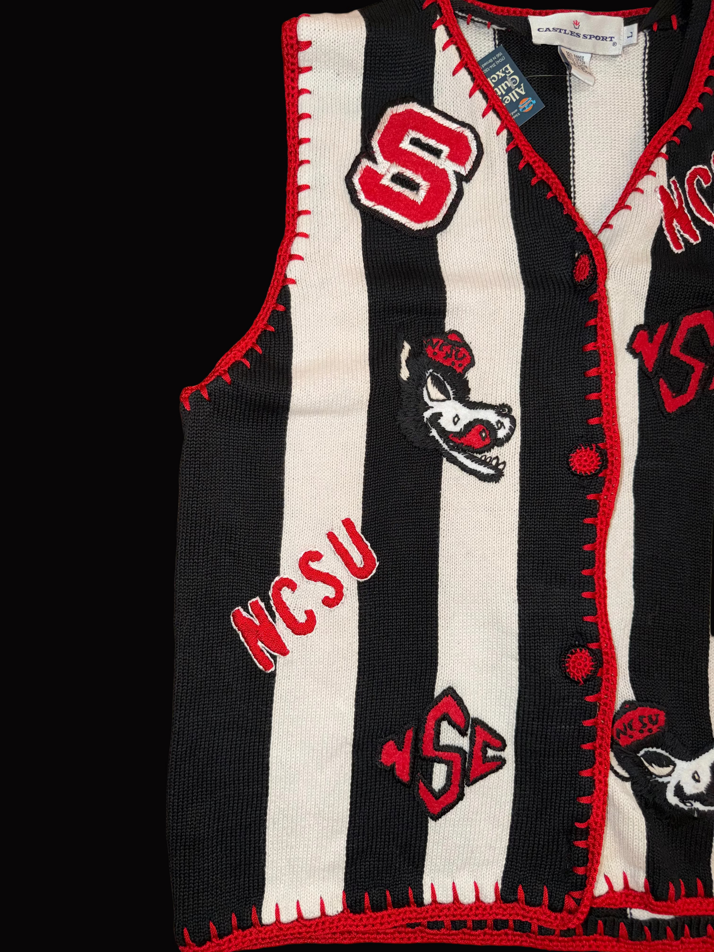 North Carolina State University Wolfpack Knit Vest Large Black White Stripe Castles Sport
