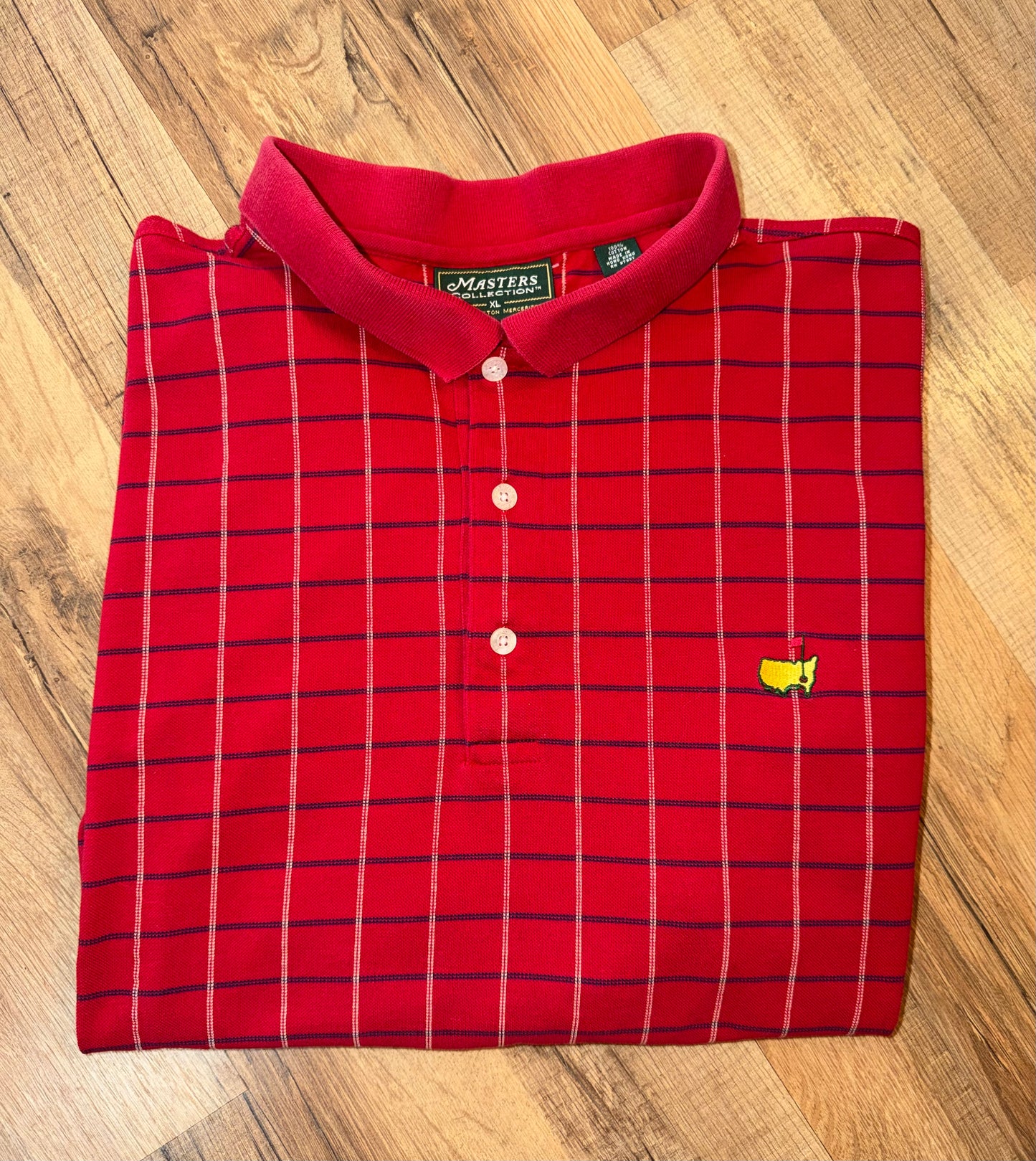 Vintage Masters Collection Golf Tournament Red Polo with Plaid Navy & Gold Stripes