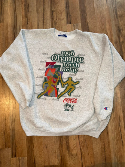 1996 Atlanta Olympics Torch Relay Coca-Cola Promo Champion Crewneck Sweater Large Grey