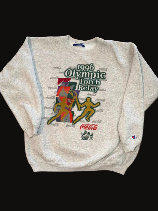 1996 Atlanta Olympics Torch Relay Coca-Cola Promo Champion Crewneck Sweater Large Grey