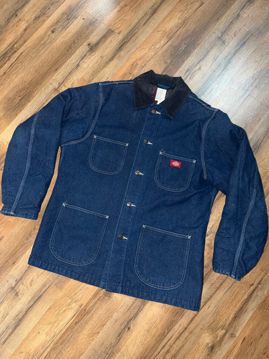 Vintage Dickies Denim Chore Coat Black Corduroy Collar Size Large