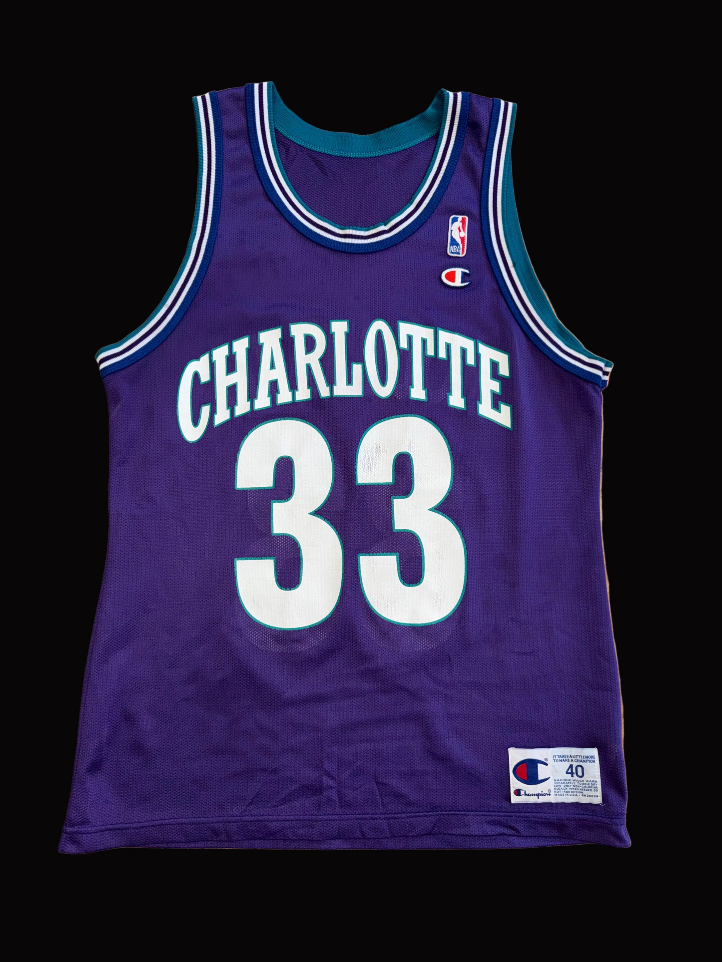 Champion Charlotte Hornets Alonzo Mourning #33 Purple Jersey Size 40