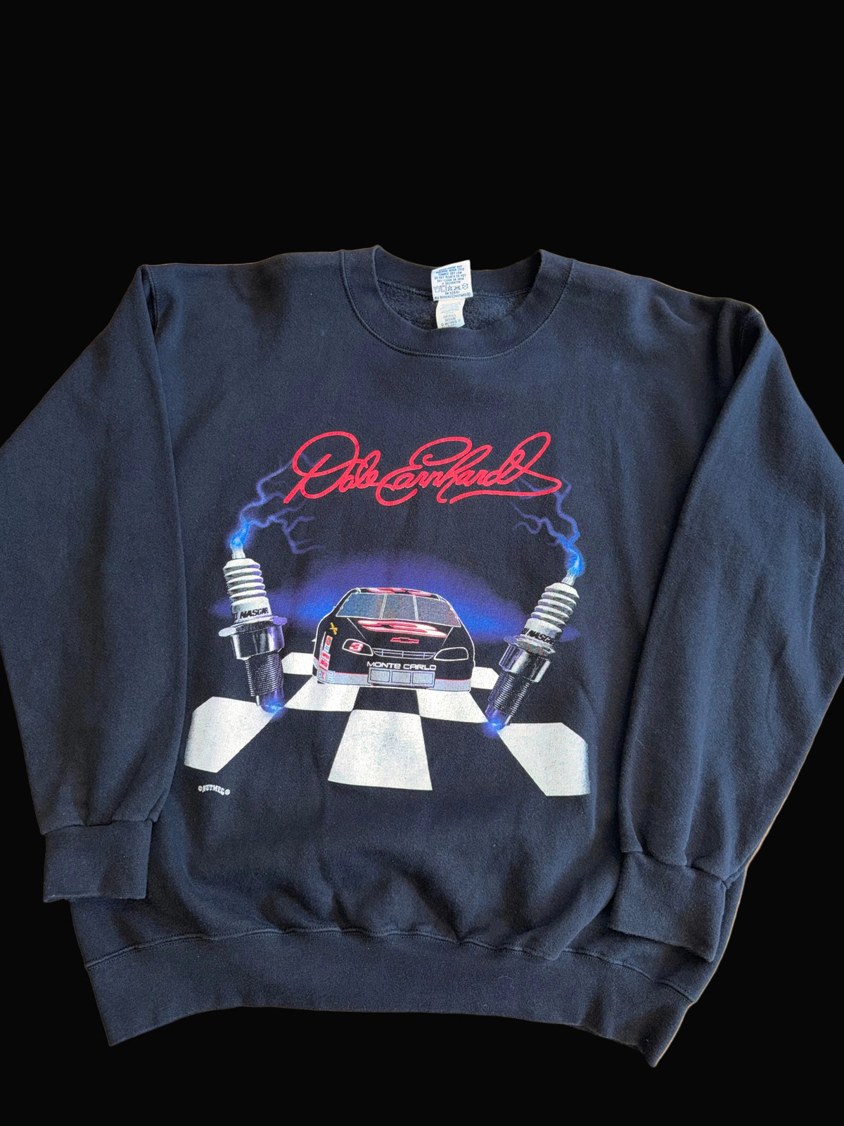 Vintage Dale Earnhardt Racing #3 Monte Carlo Spark Plug Lightening Finish Line Crewneck Size Large Black