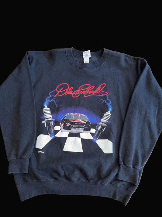 Vintage Dale Earnhardt Racing #3 Monte Carlo Spark Plug Lightening Finish Line Crewneck Size Large Black