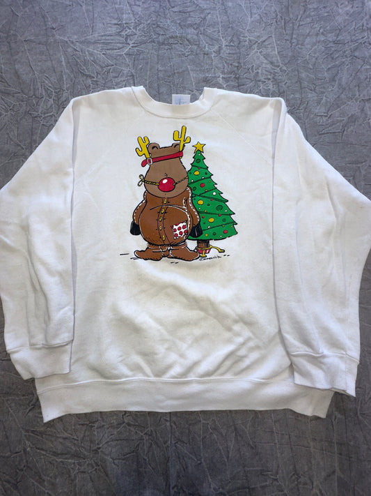 Vintage Tultex White Bear Reindeer Christmas Crewneck Sweater Winter XL