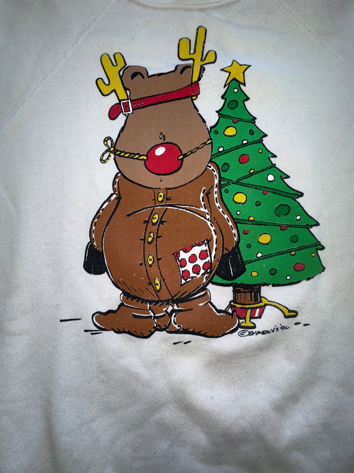 Vintage Tultex White Bear Reindeer Christmas Crewneck Sweater Winter XL