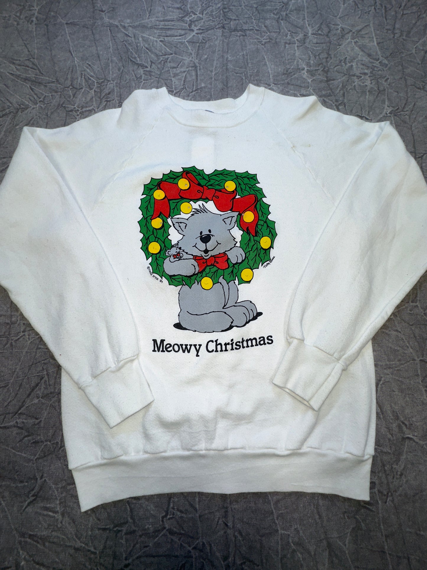 Vintage 80s Meowy Christmas Cat Holiday Crewneck Sweater Winter Large