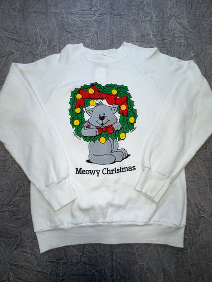 Vintage 80s Meowy Christmas Cat Holiday Crewneck Sweater Winter Large