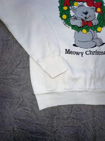 Vintage 80s Meowy Christmas Cat Holiday Crewneck Sweater Winter Large