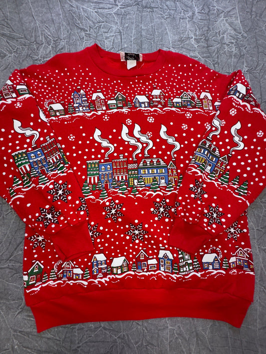 Vintage Christmas Town Festive Holiday Crewneck AOP Sweater Winter Large