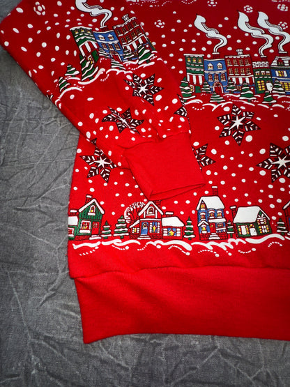 Vintage Christmas Town Festive Holiday Crewneck AOP Sweater Winter Large