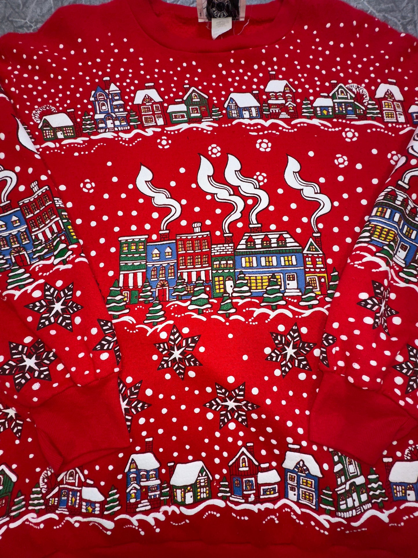 Vintage Christmas Town Festive Holiday Crewneck AOP Sweater Winter Large