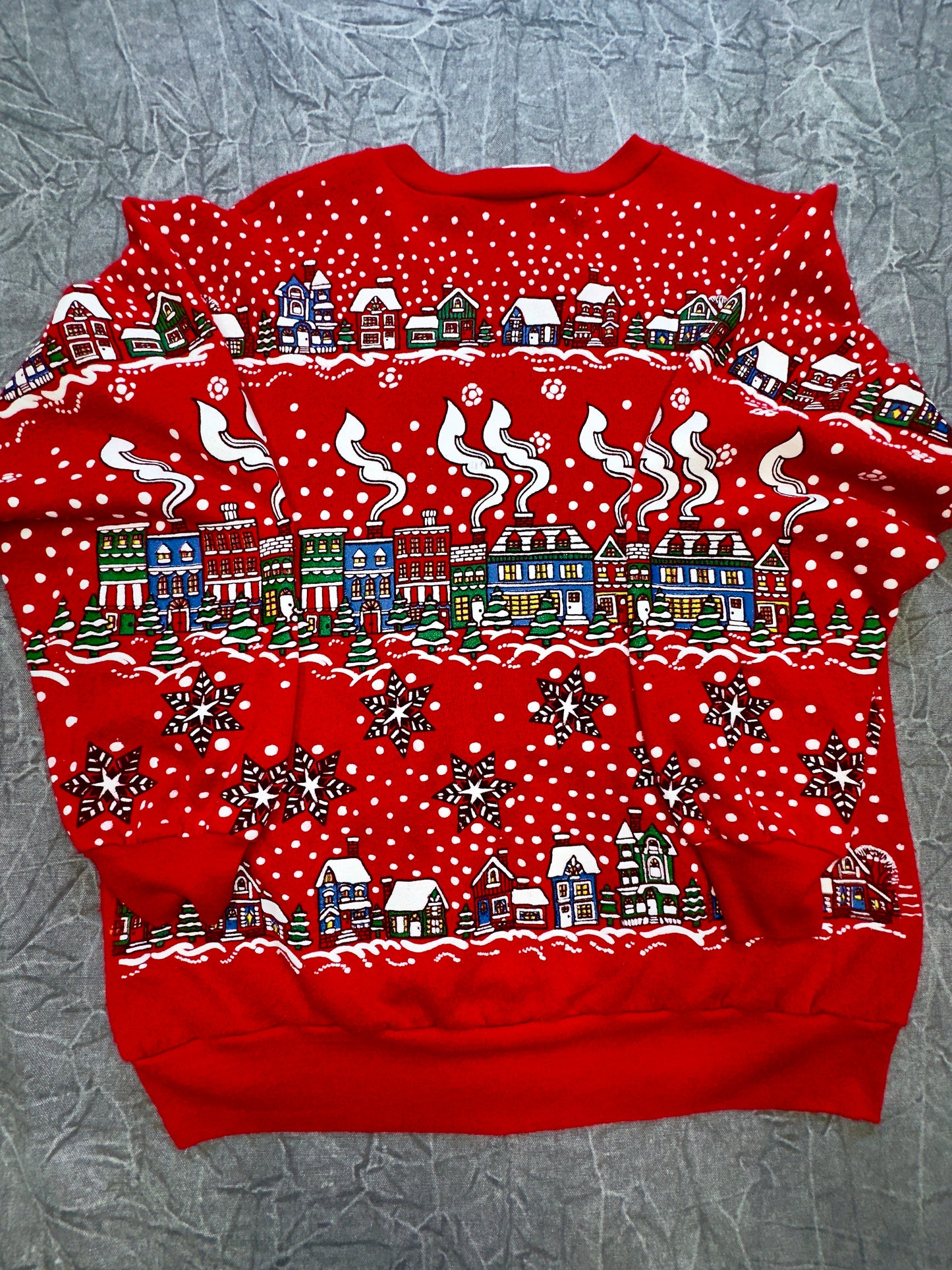 Vintage Christmas Town Festive Holiday Crewneck AOP Sweater Winter Large