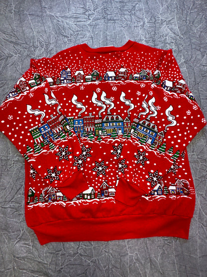 Vintage Christmas Town Festive Holiday Crewneck AOP Sweater Winter Large