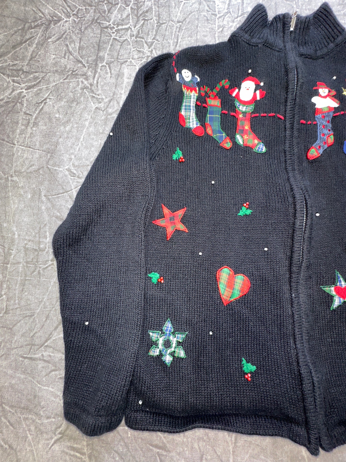 Vintage Christmas Santa Stockings Present Knit Zip Sweater Winter Small