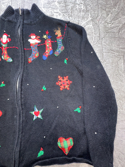 Vintage Christmas Santa Stockings Present Knit Zip Sweater Winter Small