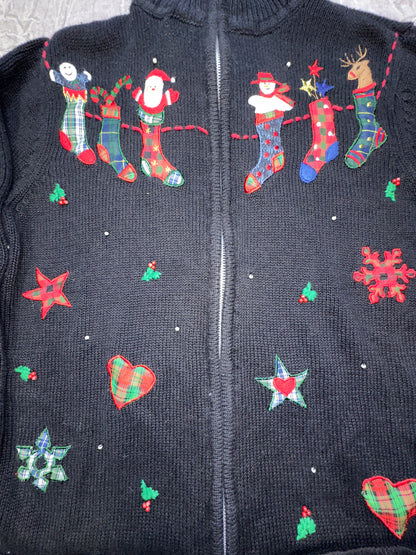 Vintage Christmas Santa Stockings Present Knit Zip Sweater Winter Small