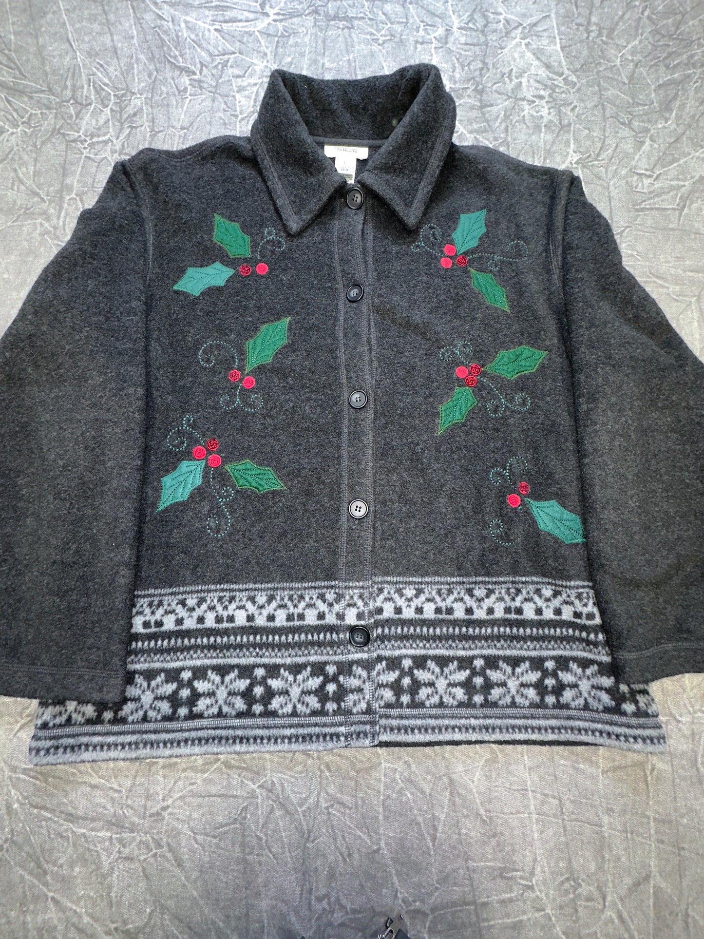 Vintage Christmas Holly Tree Fleece Button Down Jacket Winter Holiday Large