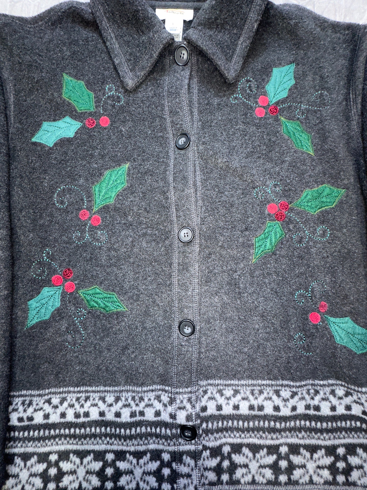 Vintage Christmas Holly Tree Fleece Button Down Jacket Winter Holiday Large