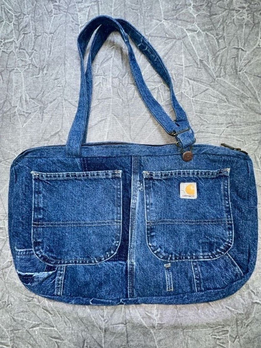 Carhartt Rework Tote Bag Pockets Fade Strap Purse Gym Bag Dark Wash Denim - Alley Oop Culture Exchange